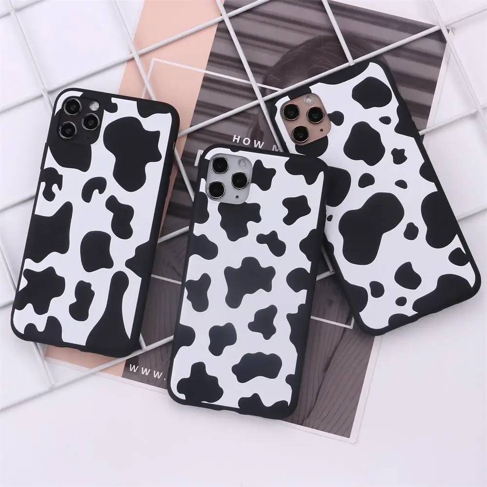 Cow Milk Black border Silicone For iPhone 12 13 14 Pro Max  Soft Silicone Candy Case Fundas