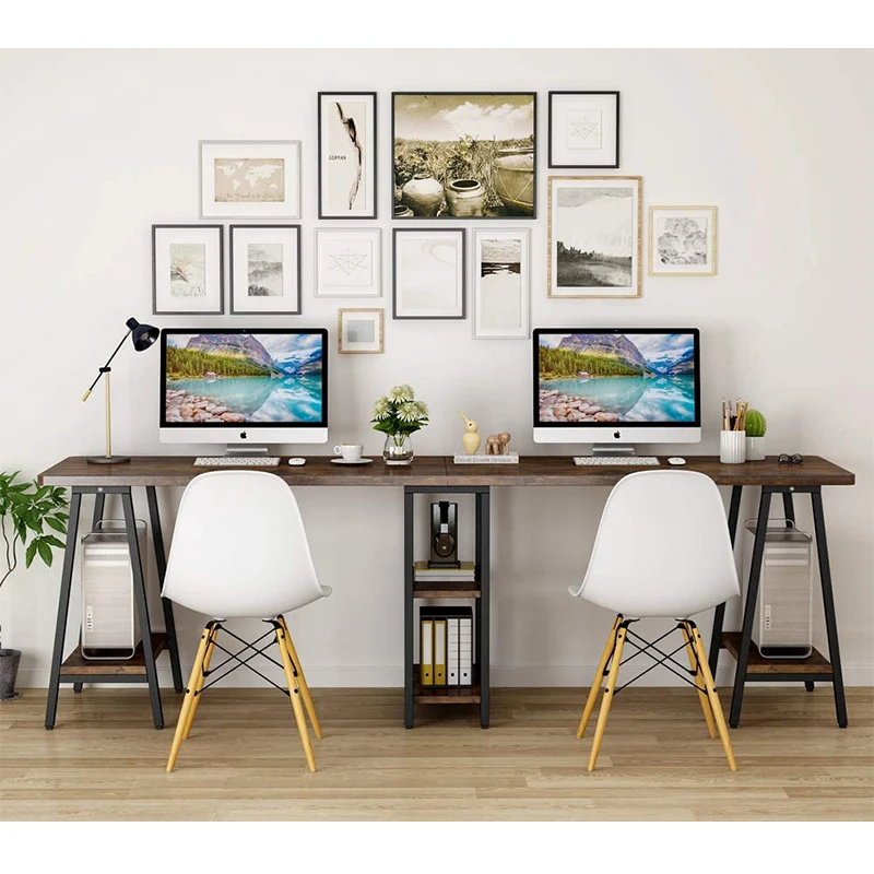 Новый дизайн L-образная металлическая рама 2 человека деревянный письменный стол с полкой для хранения