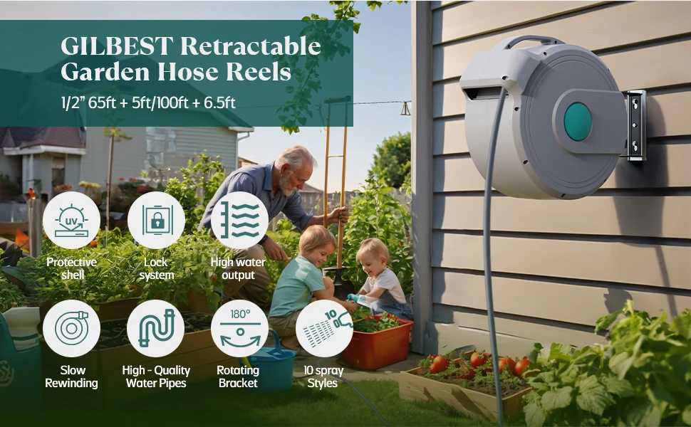 GARTENKRAFT 20M 1/2' Mounted Retractable  Washing Garden Pipe Automatic Wall Water Hose Reel Ideal For Deck