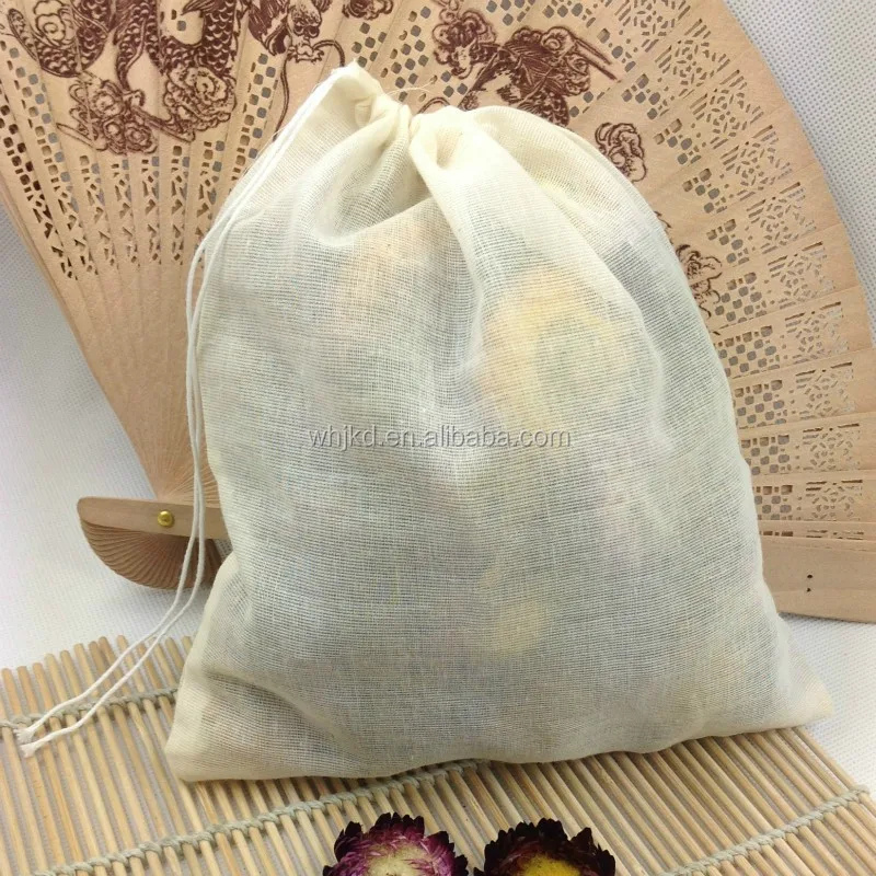 Unbleached organic cotton gauze drawstring bag with logo