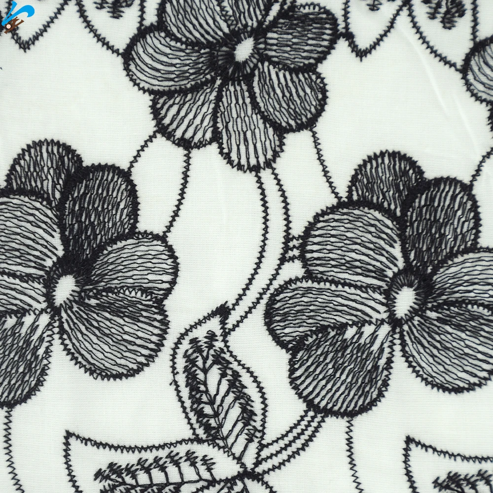 Customization Wholesale Elegant Black Flower Cotton Soft Embroidery Lace Trim Fabric Featured Embroidery Fabrics for Clothing