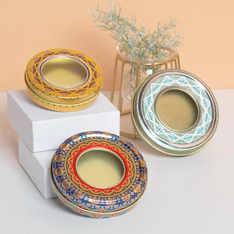 Custom Hot Sale Luxury  Saffron Packaging Tin Box  with Window Small Round Fancy Metal Gift Box