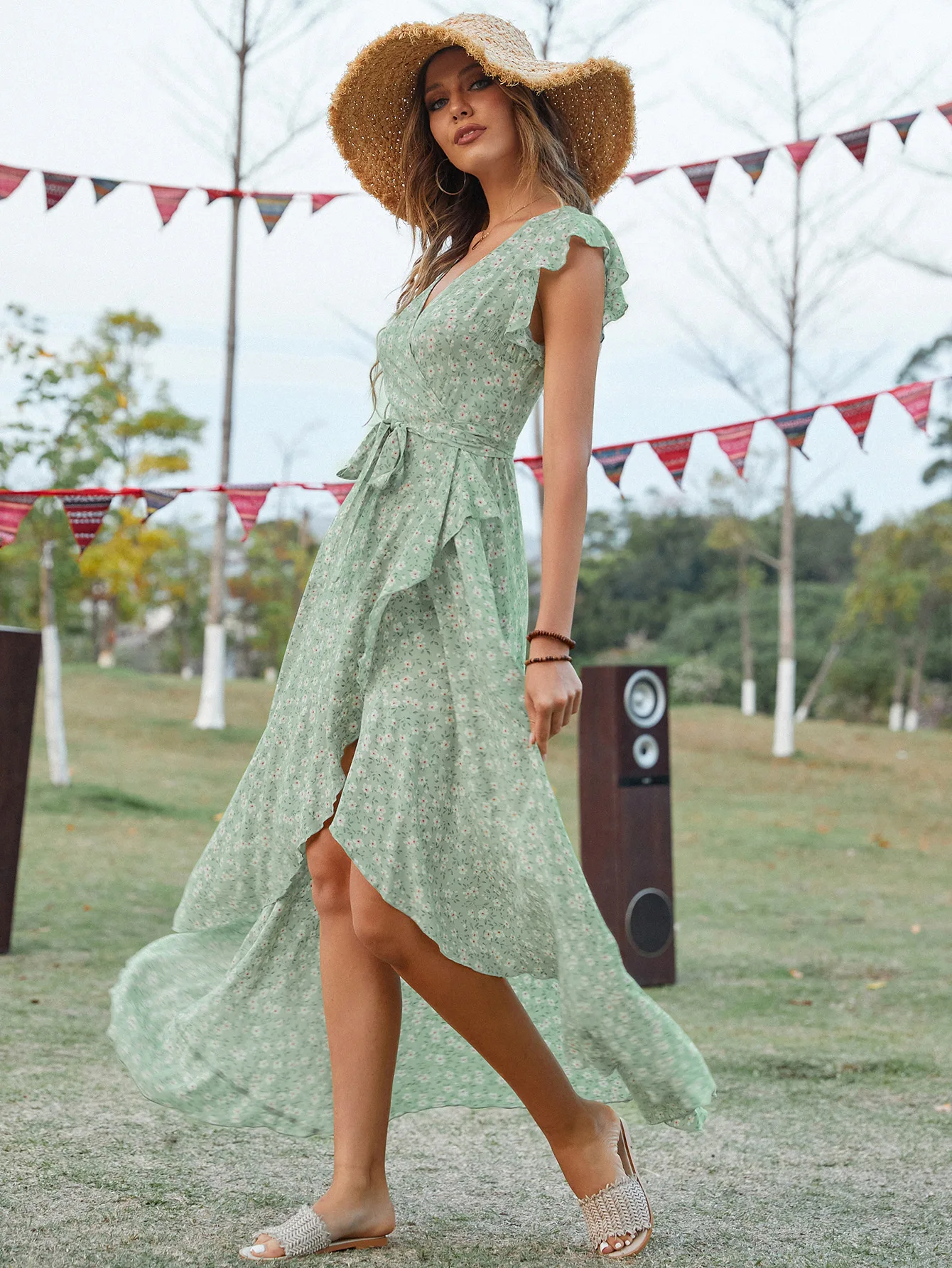 Boho High Waist RAYON Flower Print Women Dress Summer Lace-up Sundress 2022 Fashion Wrap Asymmetric Long Flowy Summer Dresses