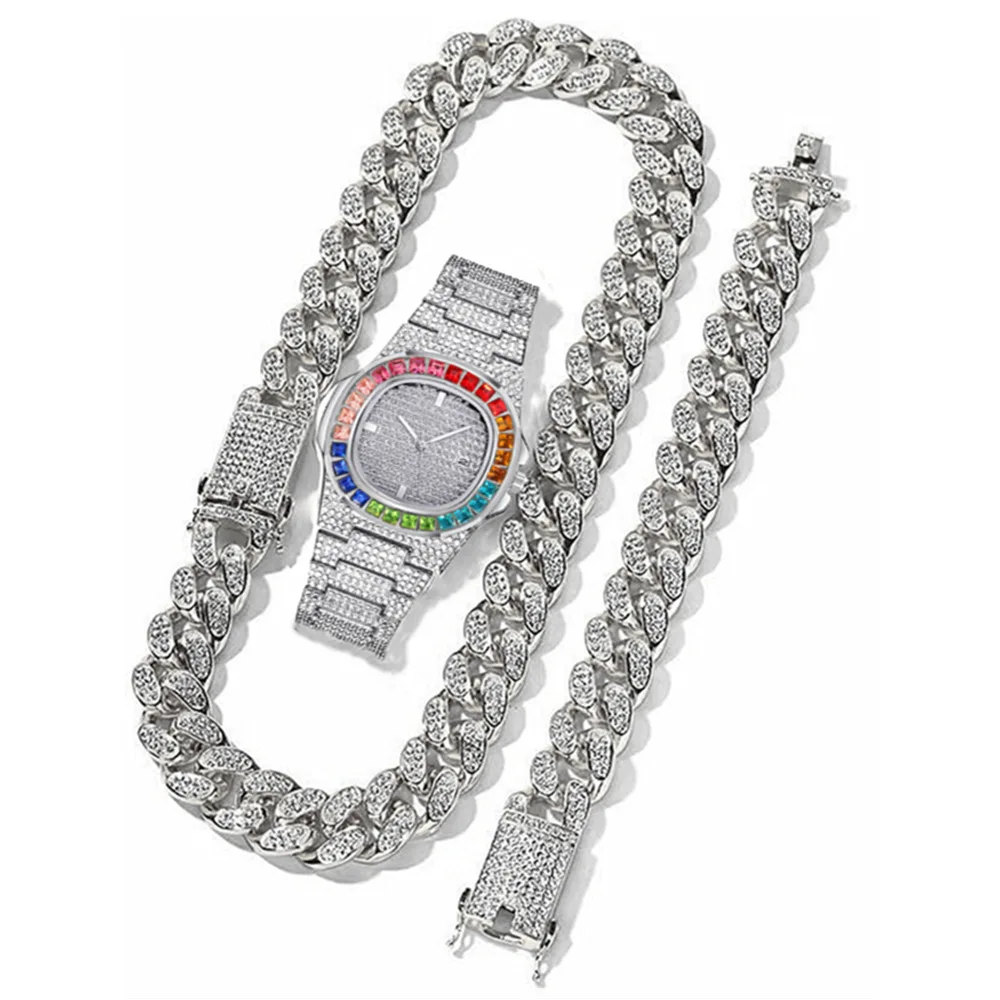 Cuban Link Chain Woman Set Cadenas Cubanas Hip Hop Diamantadas y Reloj Iced Out Chain Women Set