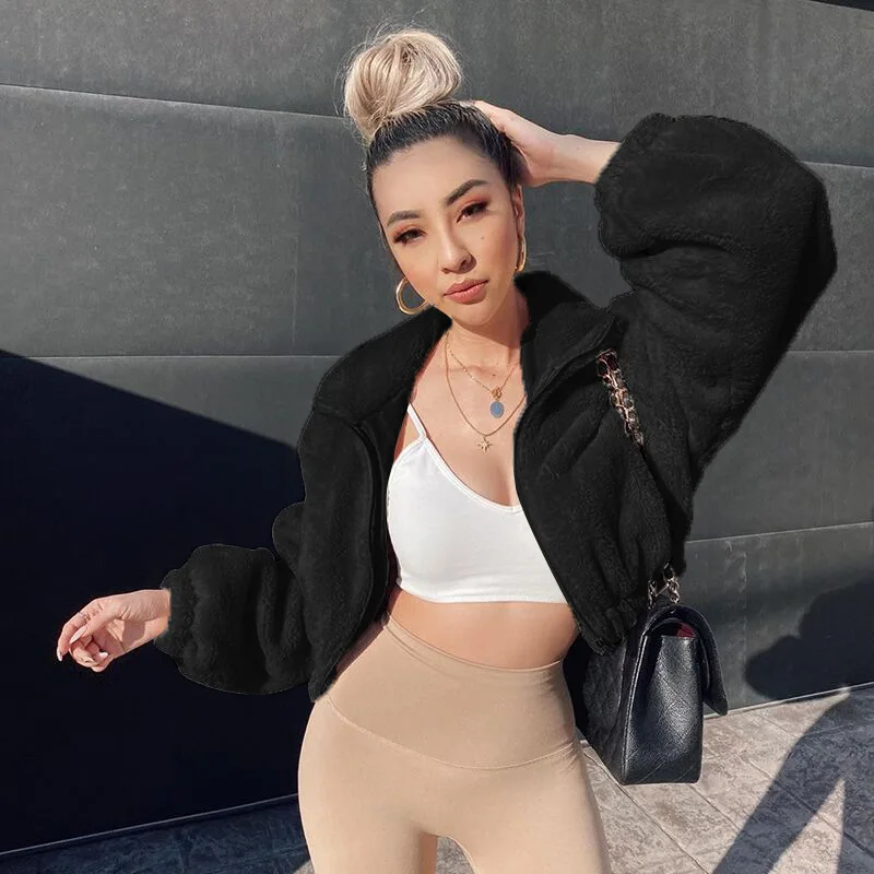 DAMOCHIC Wholesale Fluffy Cheap Fur Crop Top Coats Women Jackets Plush Long Sleeve Warm Zipper Fall Winter Coat Manufacturer