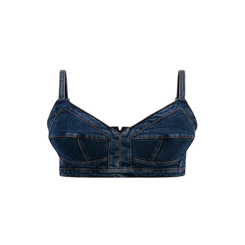 New Design Hot Sale Custom V Neck Adjustable Spaghetti Straps Wash Denim Cropped  Sexy Blue Crop Top For Women Party Wear