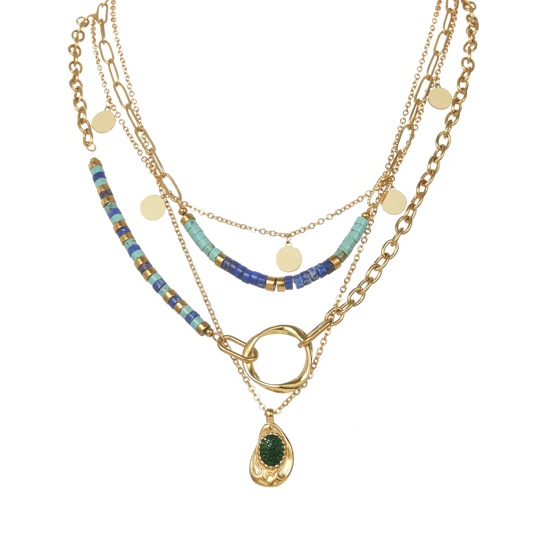 2023 Newest XL Charm Multilayer Necklace for Women Girls Trendy Cute Turquoise Beaded Steel Chain with Plated Stainless Steel