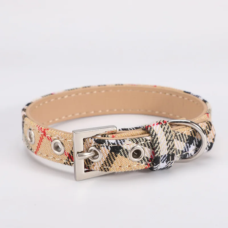 Double Layer Plaid Padded Engravable Metal Buckle Dog Collar Waterproof Leather Adjustable Pet Collars