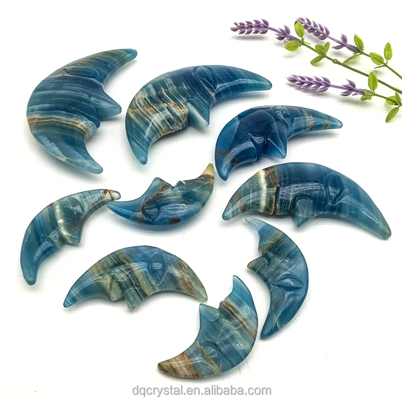 wholesale natural crystal blue onyx moon face crystal crafts green blue onyx carving moon face for decoration