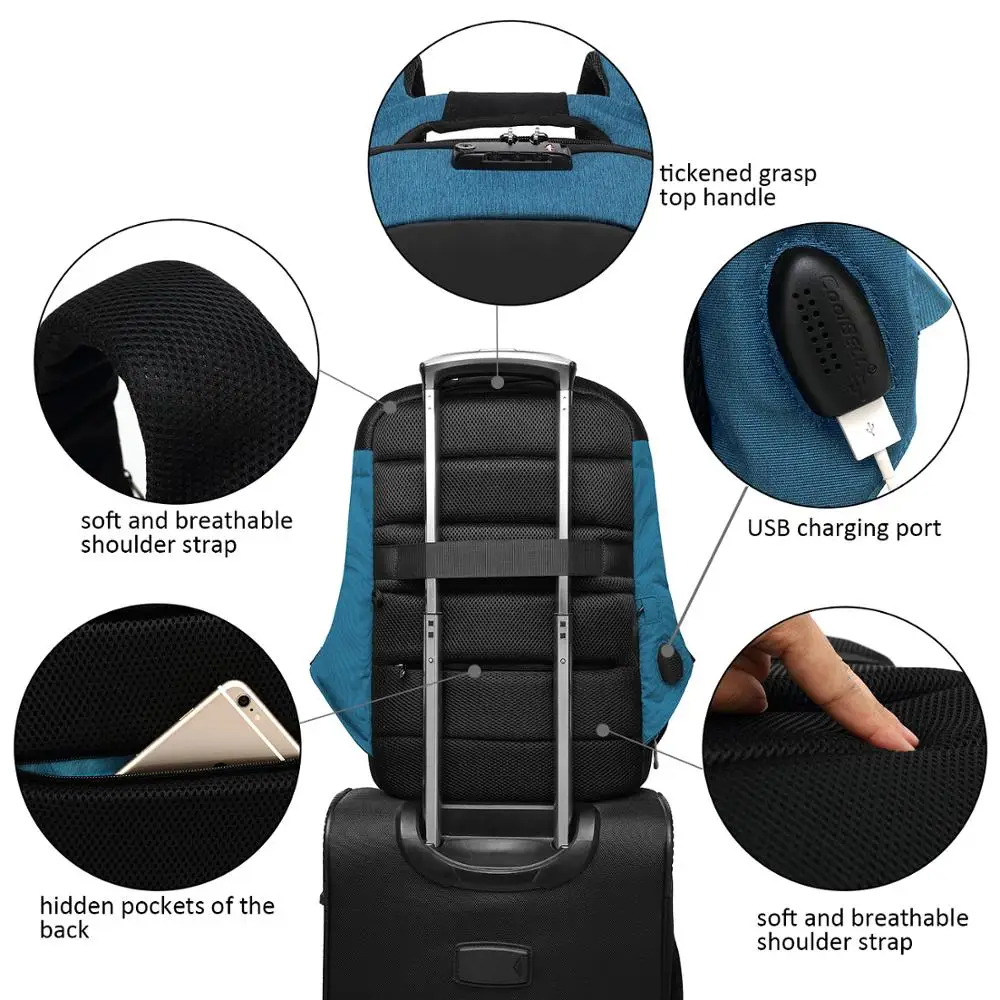 Lokass 15.6 Inch Laptop Backpack City  USB Bagpack TSA Lock School Anti-theft Laptop Anti Theft Backpack Bag With Code Lock