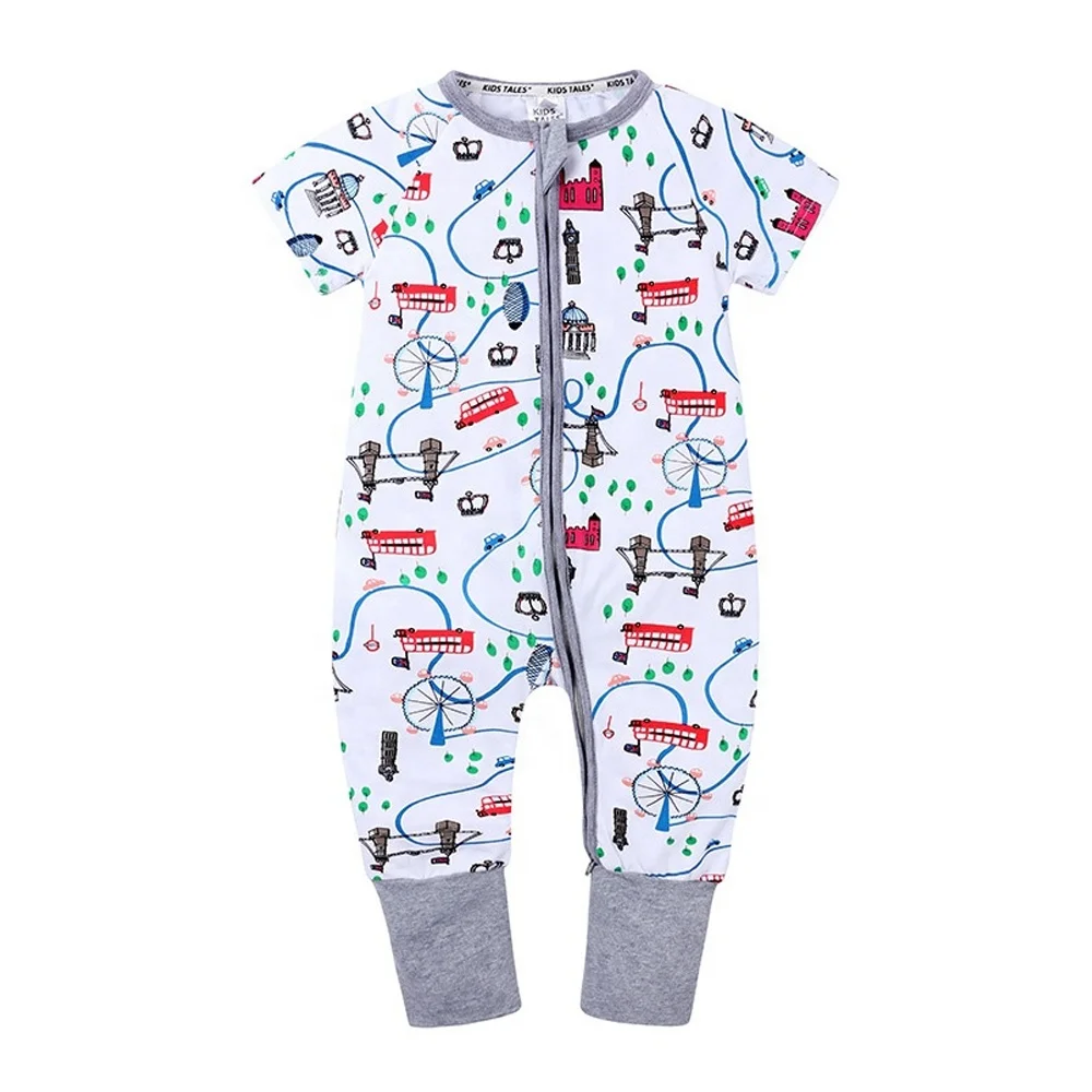 Factory custom Cute hand painting printed short sleeve baby cotton zip romper