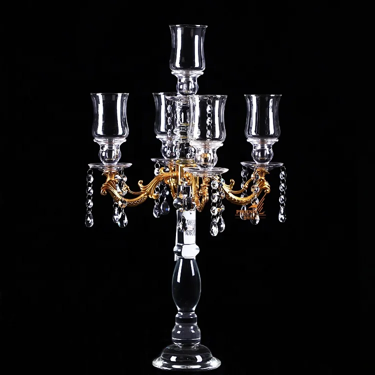 Wholesale classic metal gold arms crystal candle holders glass candelabra 5 lights with chimney for event table decorations