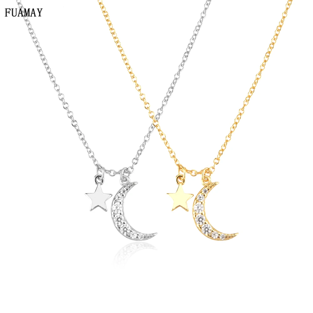 FUAMAY Collares Silver 925 Collar Mujer 18K Gold Plated Moon Necklace With Star Pendant