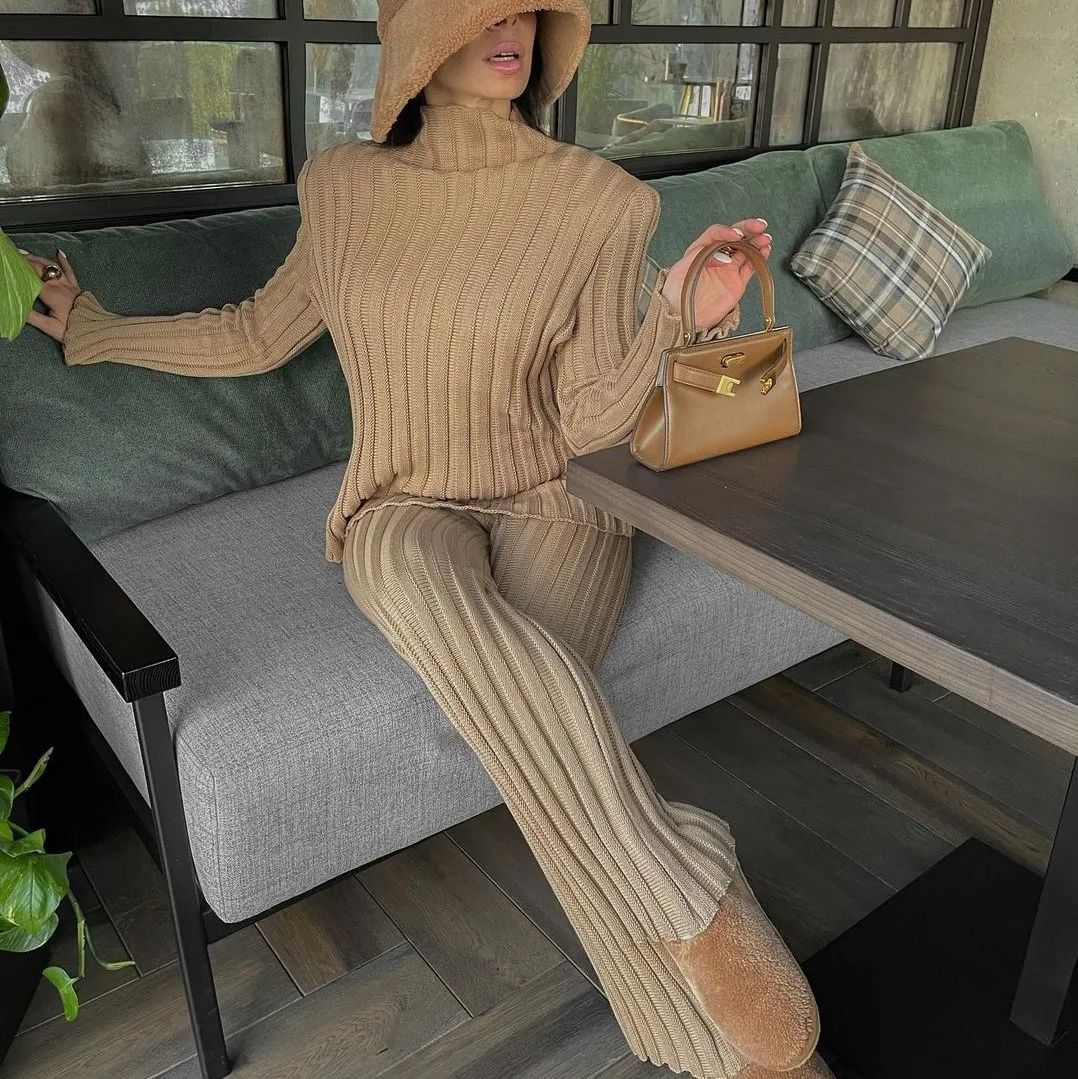 2021 Fall Fashion Candy Color Shoulder Pad Knit Turtleneck Casual Two Piece Sweater Set For
