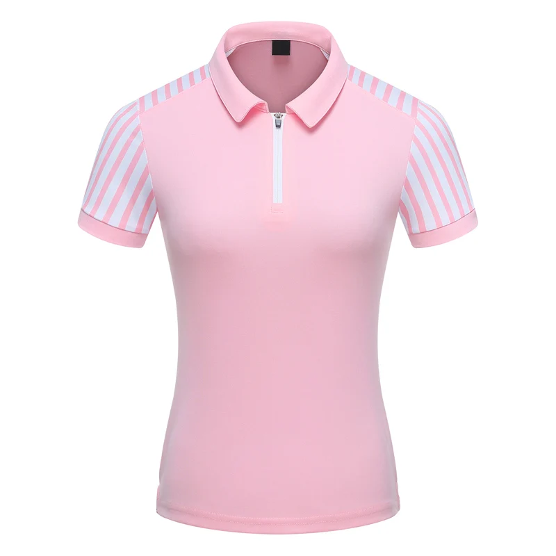 Wholesale stand collar women polo tshirt half zipper in the middle custom printing retro polo shirt with logo