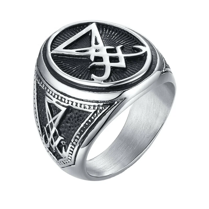 High quality antique black finger ring jewelry engraved round signet vintage stainless steel lucifer rings for men