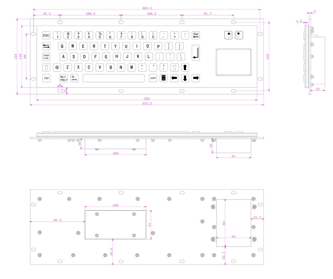 Прочная черная металлическая клавиатура для киоска с 67 клавишами, промышленная металлическая клавиатура для компьютера из нержавеющей стали с тачпадом