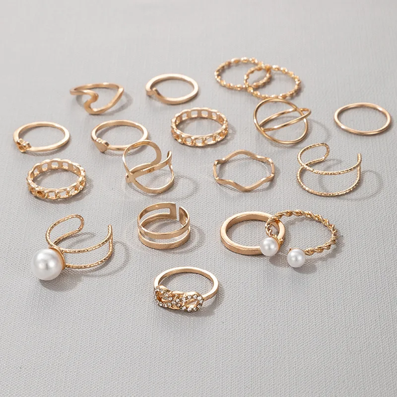 Sandro Rings Rose Gold 18-piece Adjustable White Pure Women Pearl Rings Set Crystal Ring