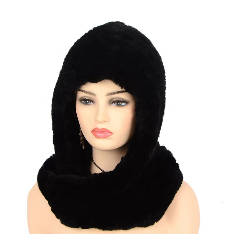 Оптовая продажа, вязаная шапка из натурального меха кролика Рекс и шарф с капюшоном, зимняя женская меховая шапка с шарфом на шею