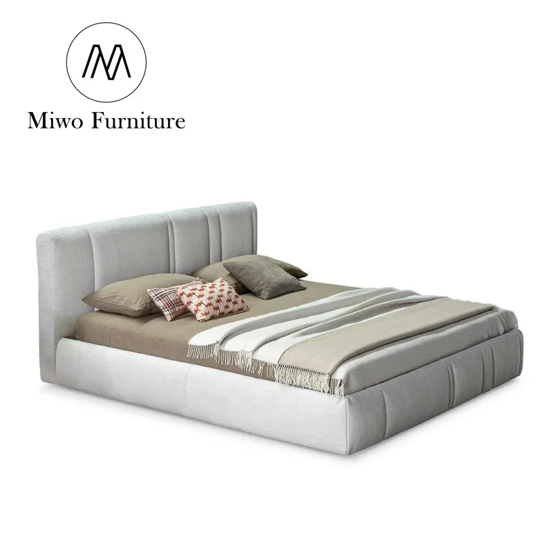 Italian modern stylist furniture white Linen fabric bedroom King size bed Double upholstered bed Hotel Loft queen bed frame