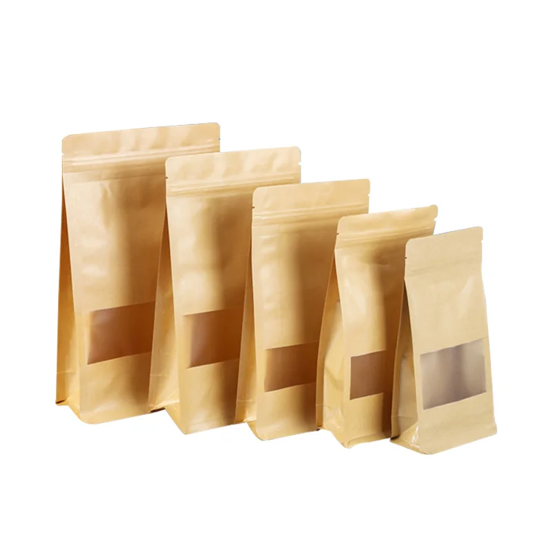 Good Price White Brown Thank You Logo Portable Kraft Paper Greaseproof Flat Bottom Bag with Clear Window and Zipper