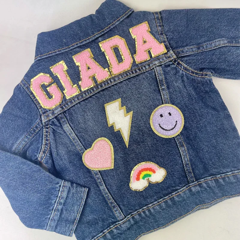 Girls Letter Patch Jean Jacket Personalized Chenille Letter Patch Denim Jacket Custom Chenille Name Jean Jacket