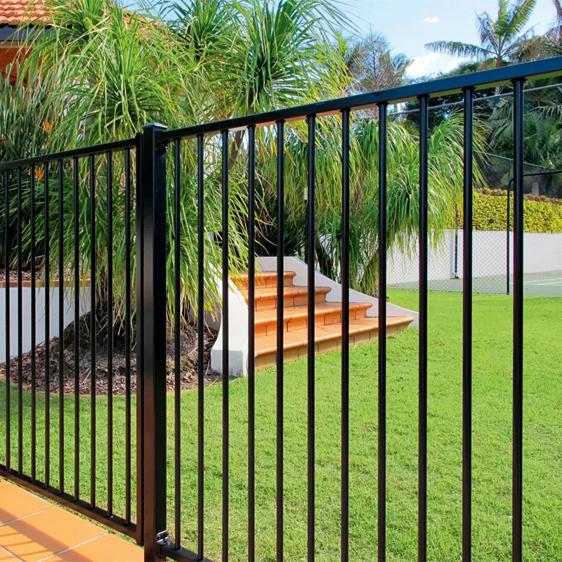 8feet three horizontal rails flat top steel fence panels with powder coated green color