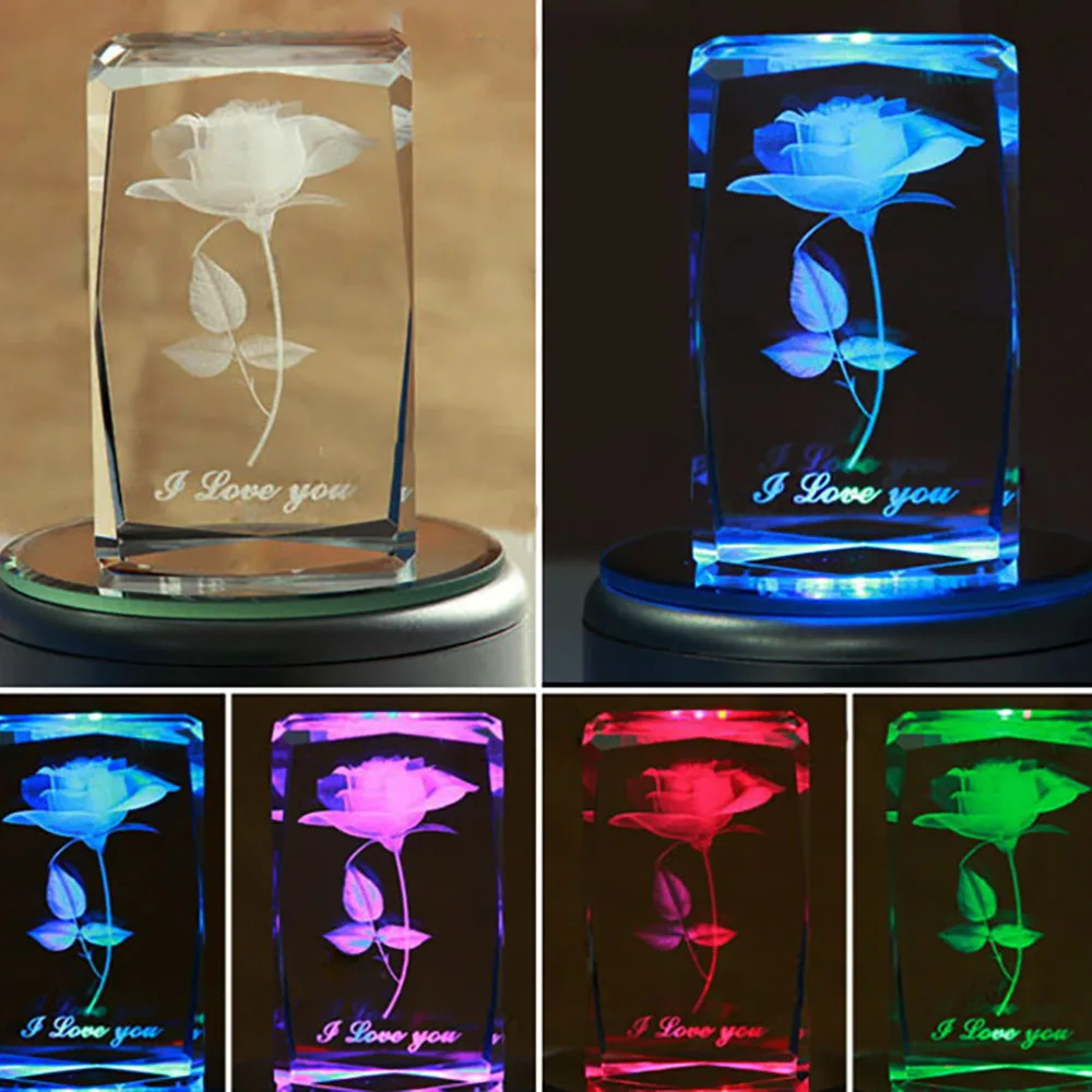 Hot Sell Colorful K9 Crystal Cube Rose Flowers Souvenir 3d Laser Engraving Rose Cube With Led Light