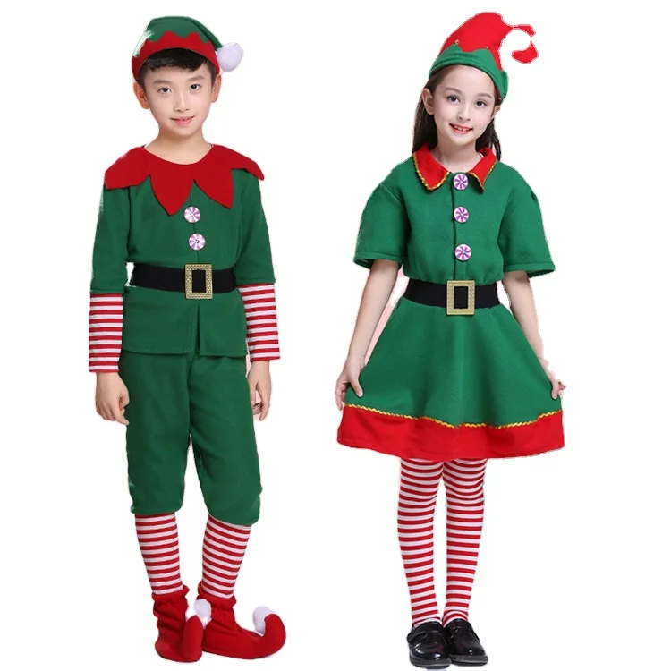 Детский Рождественский костюм, рождественские костюмы для мальчиков и девочек с эльфом, зеленая одежда с Санта-Клаусом и эльфом для детей