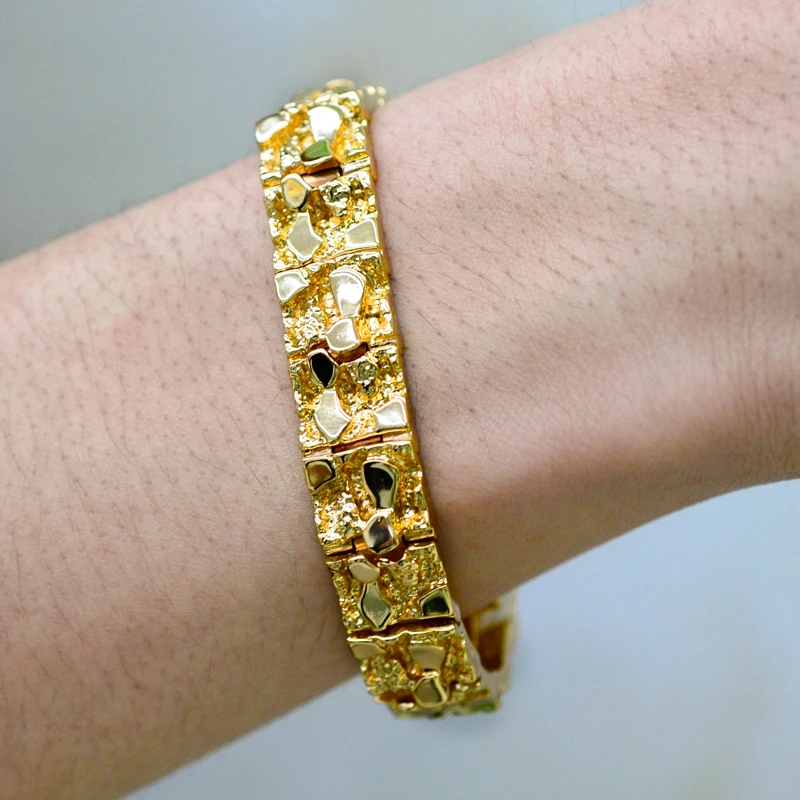 Mens Rugged Nugget Link Bracelet 18k Gold Plated Jewelry Watchband Bracelet