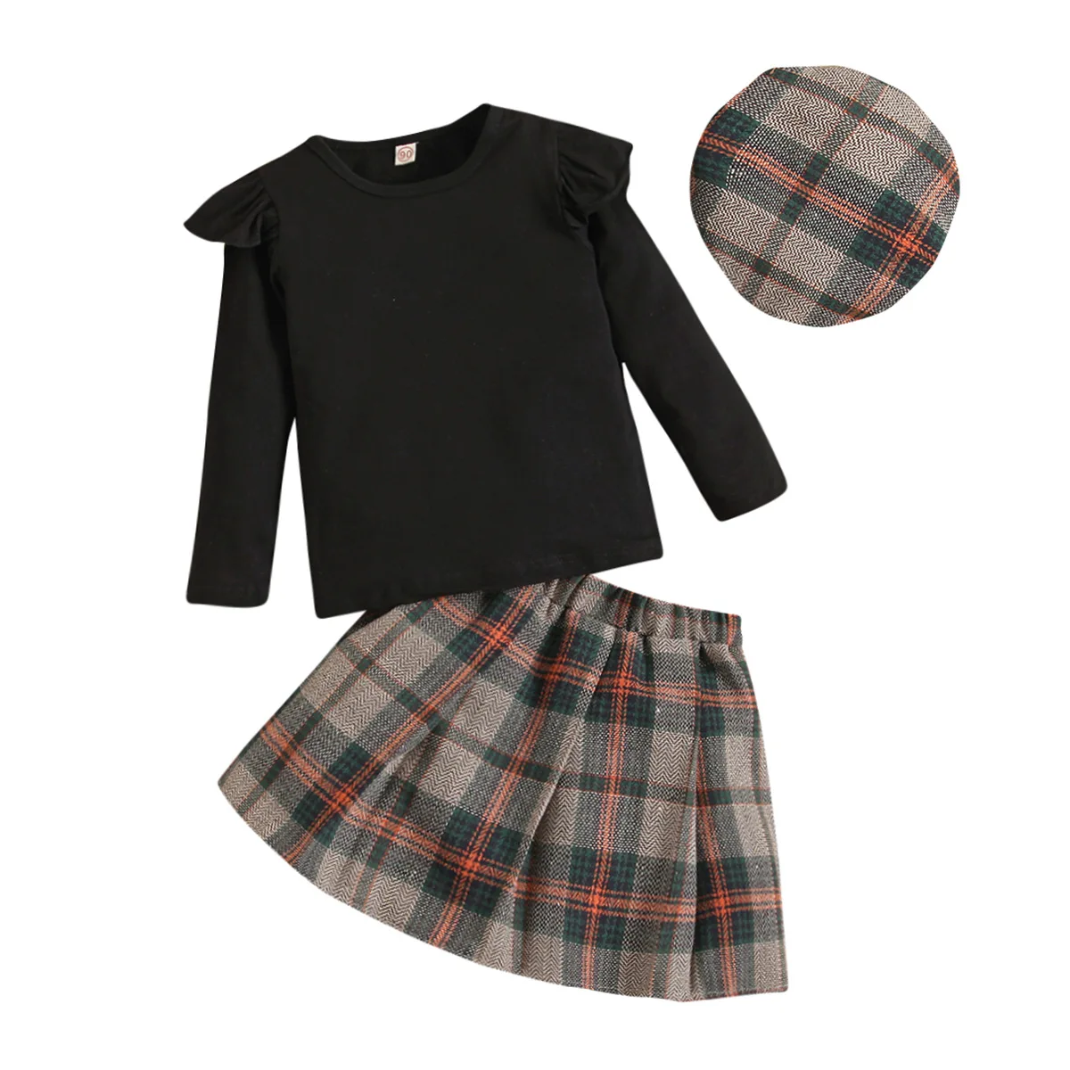 Autumn girls knitted bottom pullover plaid pleated skirt with hat three-piece set
