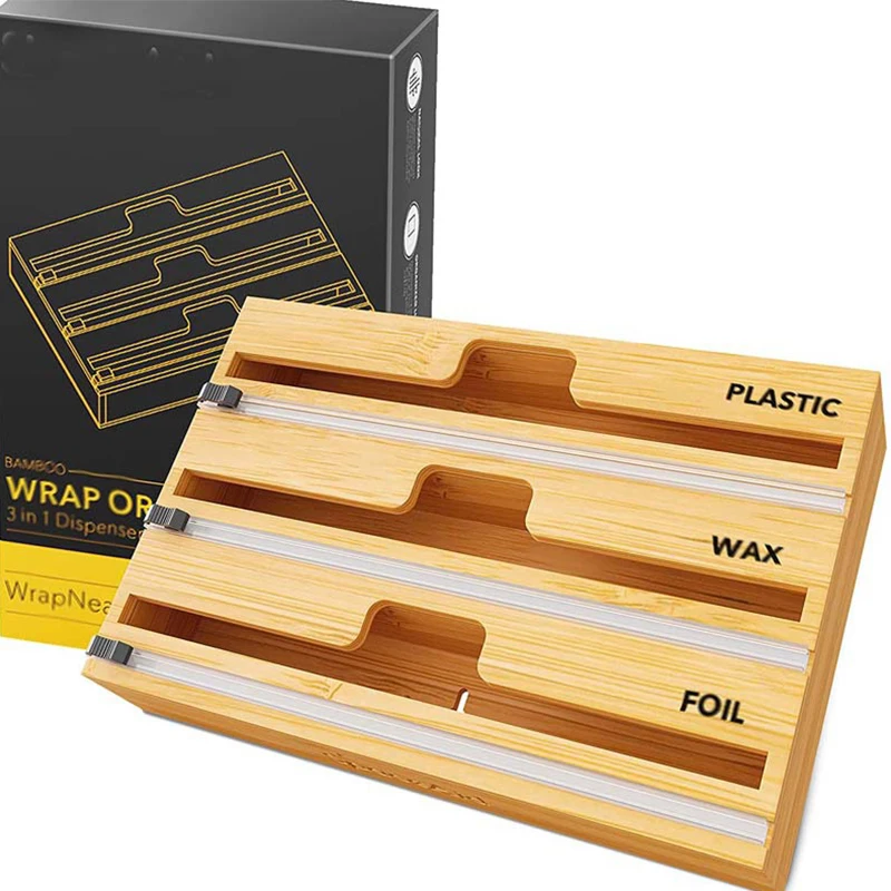 Custom Wooden Foil Dispenser 3 In 1 Bamboo Foil And Plastic Wrap Organizer For Kitchen Aluminum Foil Wrap Dispenser Wall Mount