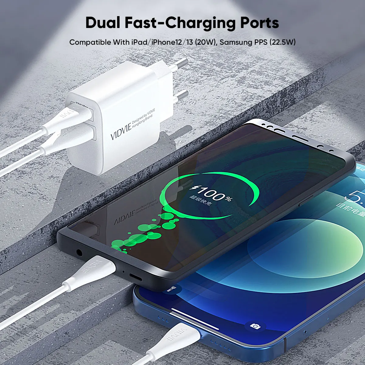 VIDVIE Smart PD 33W Dual USB Ports Type C Caricatore Mobile Charger