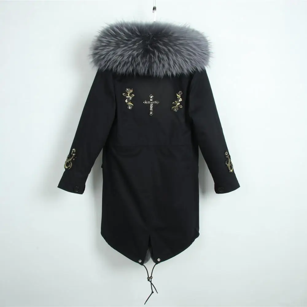 Черная длинная парка для женщин и мужчин зимняя куртка из искусственного меха с воротником натурального енота