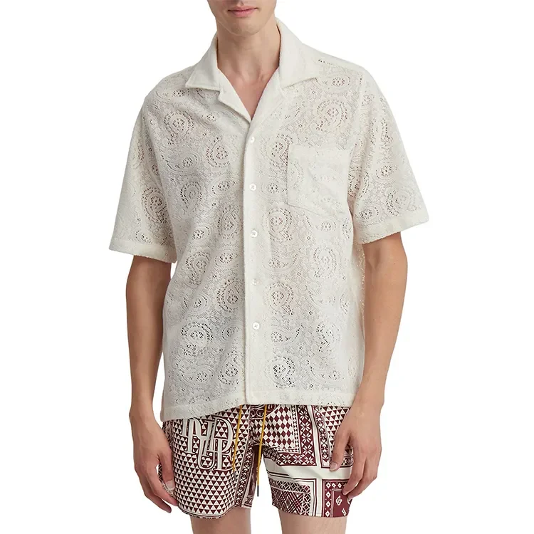 Lace Short Sleeves Crochet Shirts for Men Customized Logo Jacquard Pattern Button up Casual OEM Summer Lace Fabric Tops