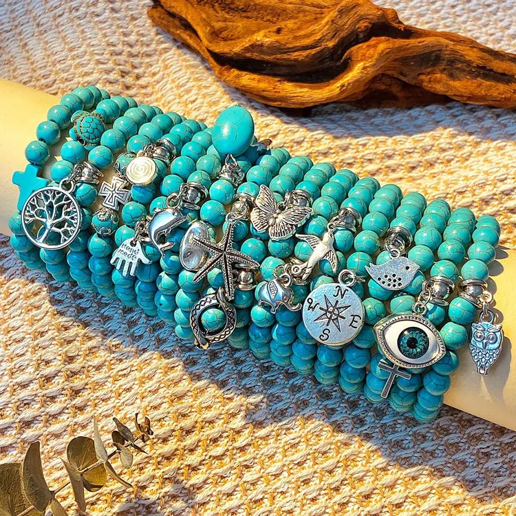 QW-127 Turtle Bird Eye Round Cross Owl Pendant Hand Jewelry Metallic Alloy Metal Elastic Ethnic Green Turquoise Beads Bracelet