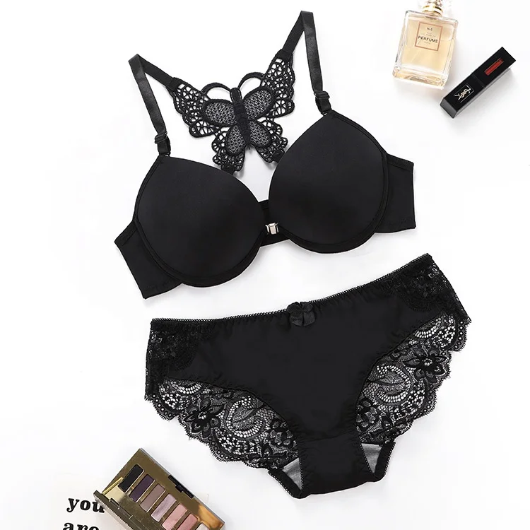 Hot Fancy Plus Size Bra and Panty Set Contrast Lace Cut Out Frill Lady Girl Seamless Bra Brief Sets with Butterfly Lace Back