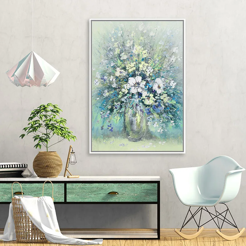 Hot Sale Pure Hand Painted Blue Floral Abstract Flower Picture On Canvas Gold Foil Wall Artwork Canvas Oil Painting