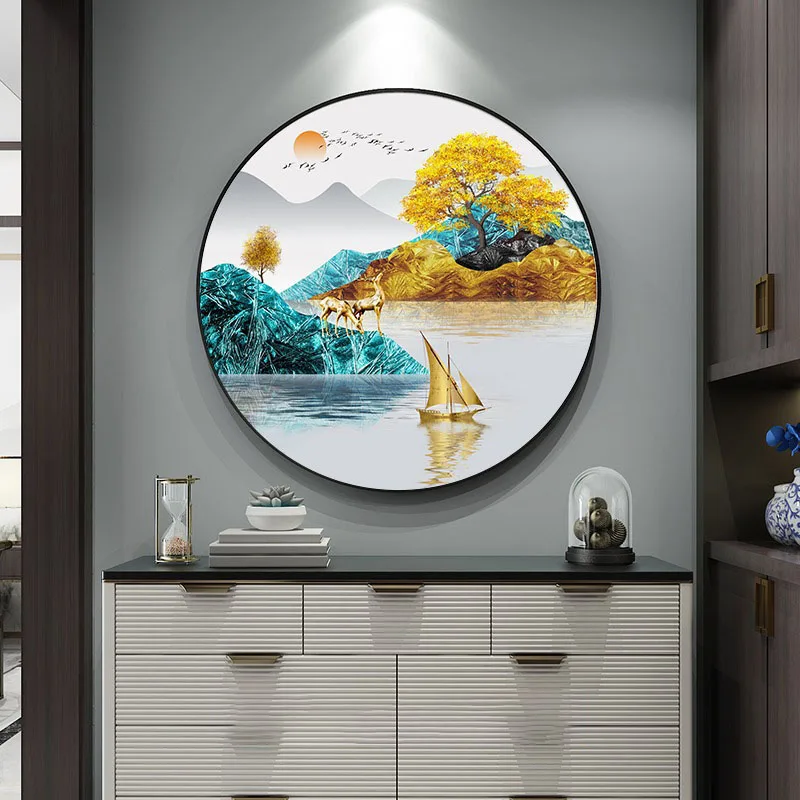 Modern light luxury fish living room Nordic porch circular decoration restaurant diamond crystal porcelain painting