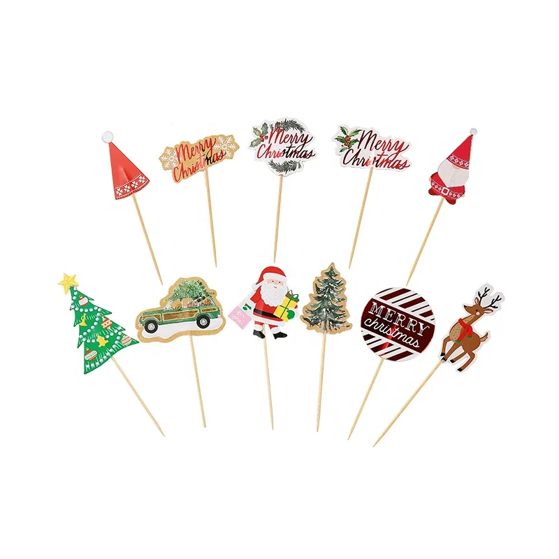 
New design Christmas tree Santa cake decoration topper birchwood picks cake accessory 