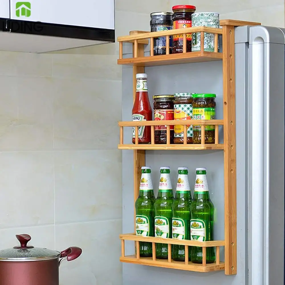 Bamboo Refrigerator Side Storage Shelf, 3 Tiers Kitchen Organizer Spice Jars Rack