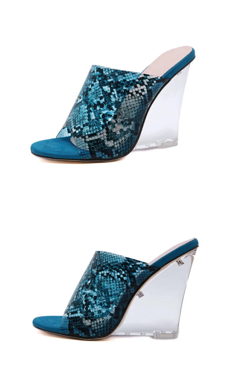 
DEleventh shoes women New see-through Serpentine Crystal Wedges Super High Heel Mueller Shoes 3 colors black blue brown 