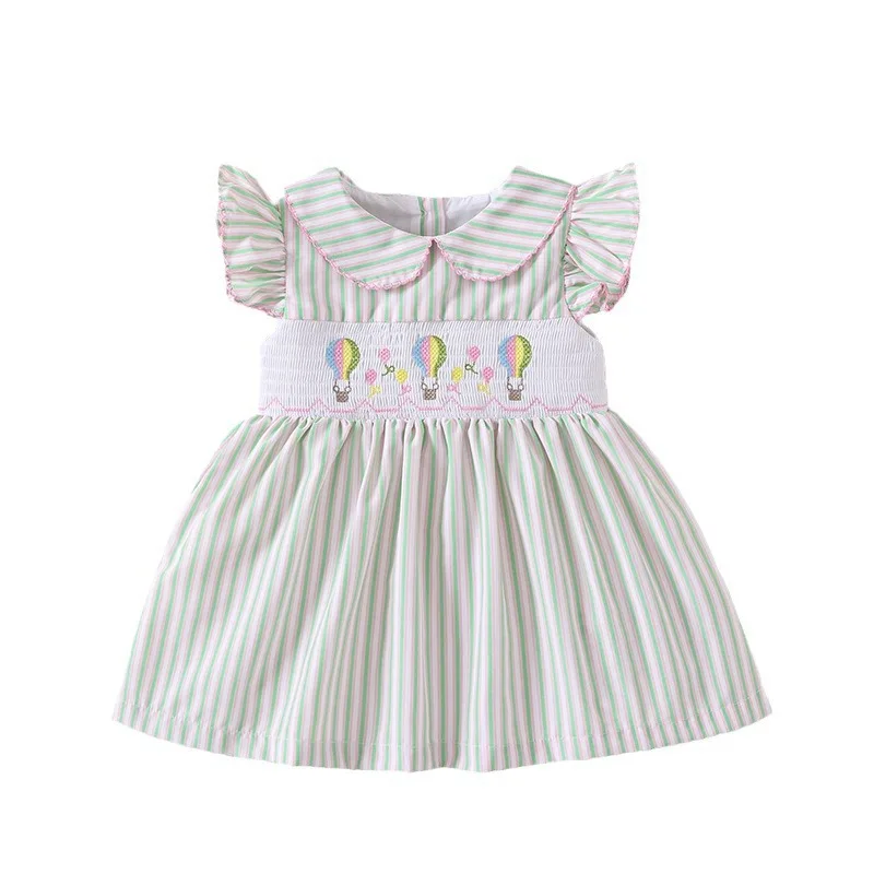 Kids Smock Dress Toddler Peter Pan Collar Frock Embroidery Flutter Sleeves Children Boutique Summer Casual Cotton Stripe Dresses
