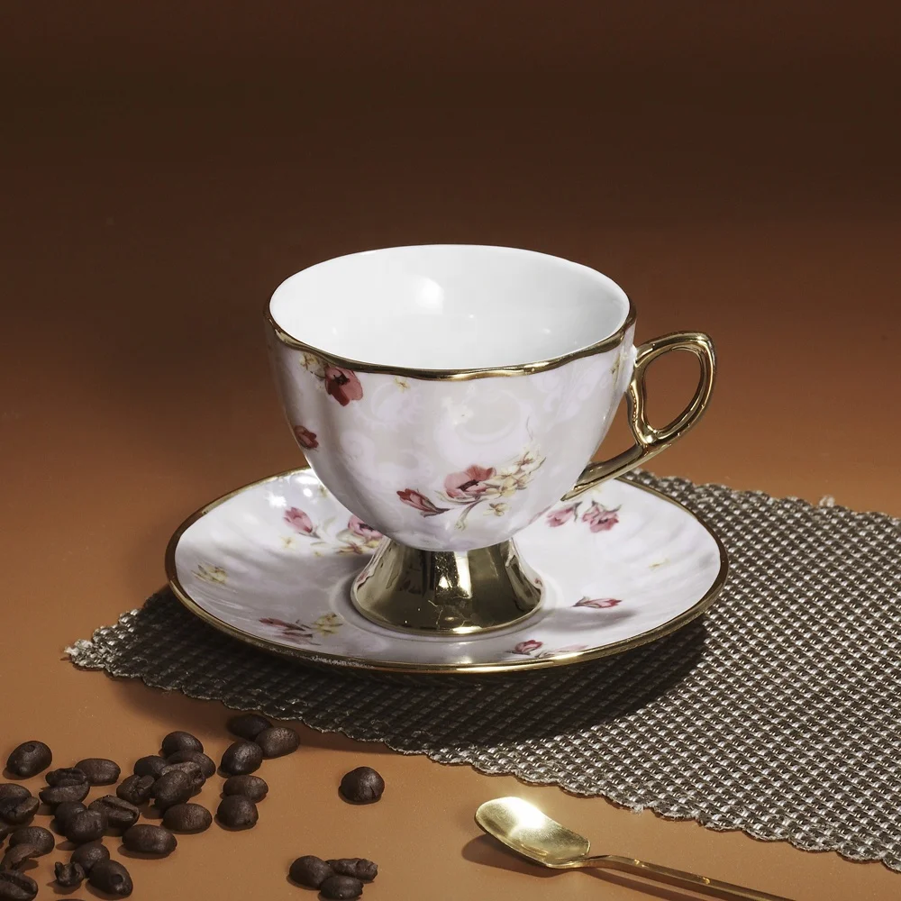 
Light Purple Rose Decal High Heat porcelain cup and saucer for tea coffee set with Gold Line 