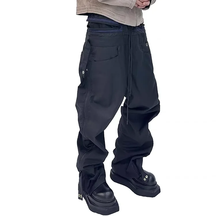 New Design Deconstructed Patchwork Zipper Rivet Adjustable Drawstring Parachute Pants Oversized Wide-Leg Workwear Nylon