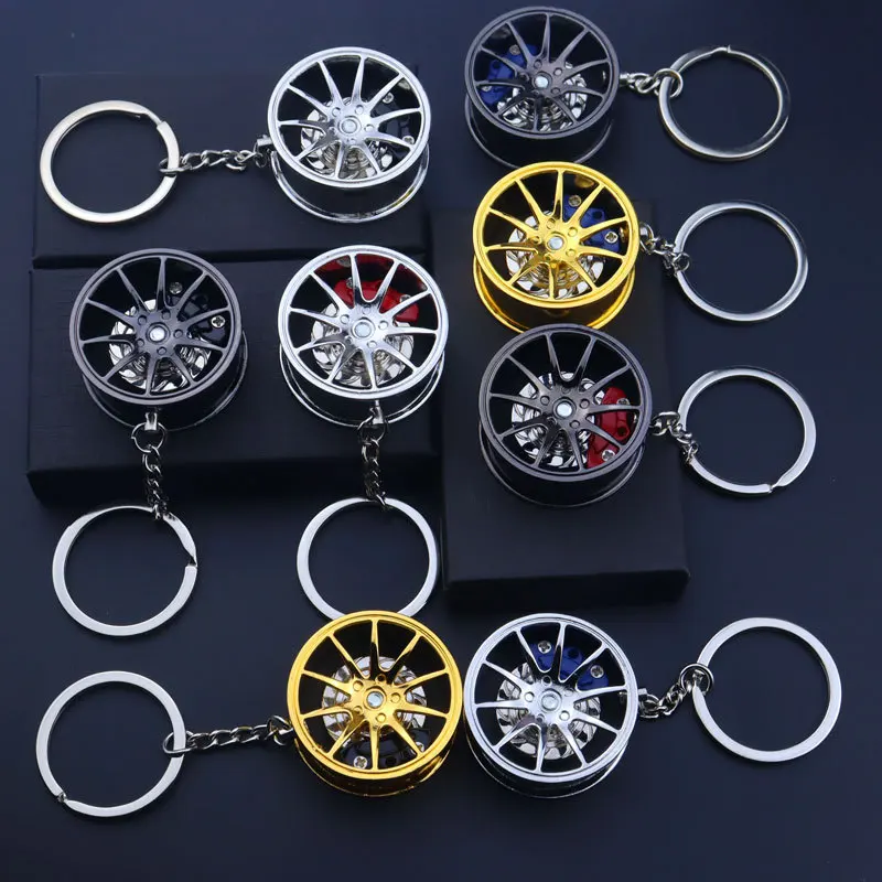 Wholesale Creative Car Modification Metal Keychain 3D Wheel Hub Brake pad Keychain Rotatable Brake Disc Auto Parts key chain