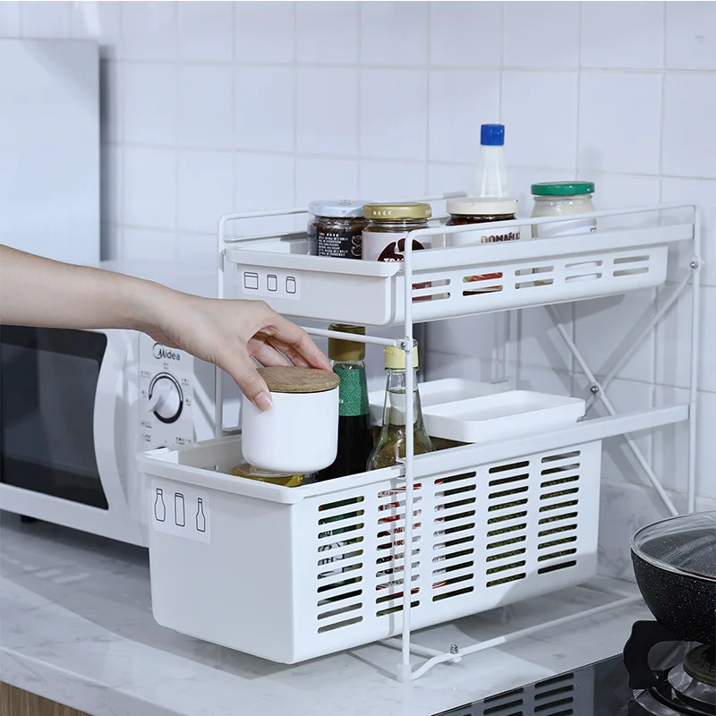 Ins Hot Stainless Steel PP Kitchen Bathroom Double-layer Vegetables Fruits Condiments Spice Pull-out Storage Rack with Drawer