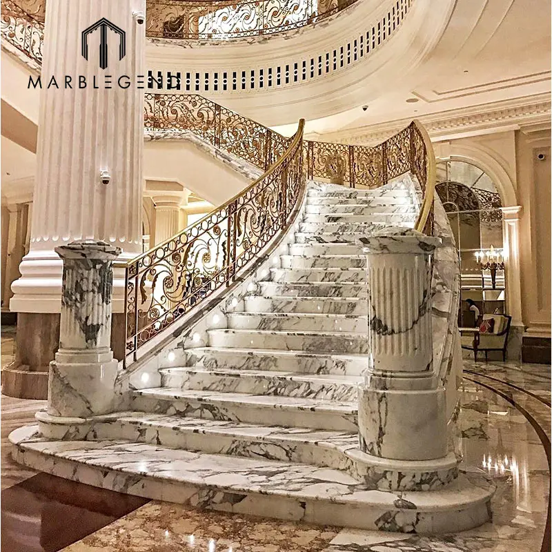 Luxury Design Natural Stone Indoor Arc Staircase  White Marble Staircase