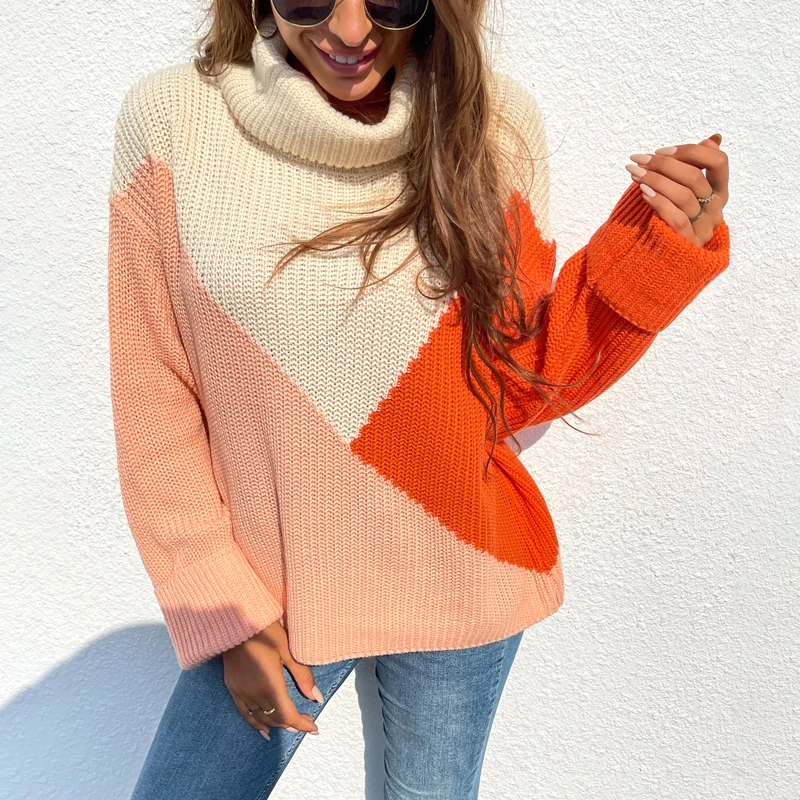
New winter 100%Acrylic color blocking knitwear turtle neck knitted sweater pullover for women 