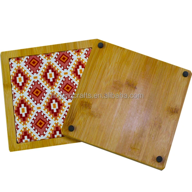 Round bamboo trivet with ceramic in the middle for Hot Dishes and Pans,Heat Pots, Decorative Kitchen Mat